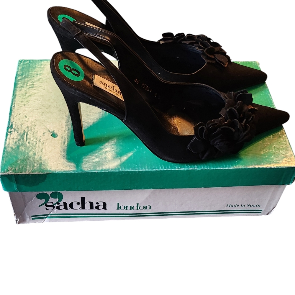 NWTB Sacha London Blanca Black Leather Suede Pointy Toe Slingback Heels Size 8B - Picture 1 of 15